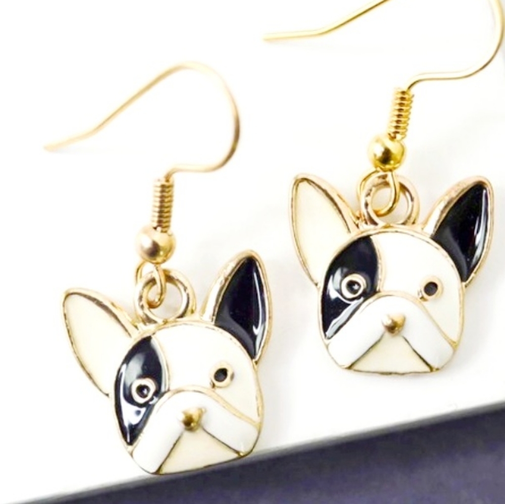 Gold plated black crystal Boston terrier/French bulldog earrings - Picture 11 of 11